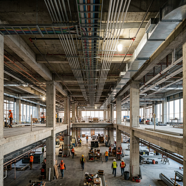 Canteiro de obras com instalações aparentes